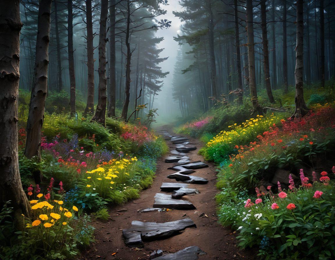 A vibrant landscape showing a winding path through a stormy forest, where one side is dark and gloomy while the other bursts with colorful flowers and sunlight. A solitary figure is joyfully dancing along the path, embodying resilience and optimism despite the surrounding challenges. The contrast symbolizes hope and perseverance. surrealism. vibrant colors. dynamic composition.