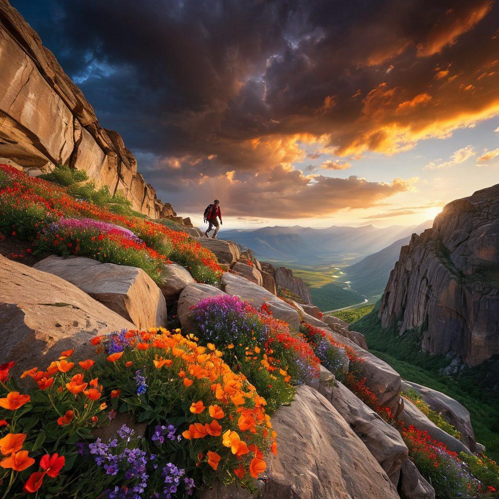 A dynamic scene capturing a person climbing a rocky cliff under a dramatic sky, showcasing determination and resilience. Below, a valley filled with vibrant wildflowers symbolizes elation amidst rough terrain. The climber's expression is one of focus and joy, embodying the spirit of overcoming challenges. The colors are vivid, contrasting the rugged rocks with soft, bright petals. super-realistic. vibrant colors. dramatic lighting.