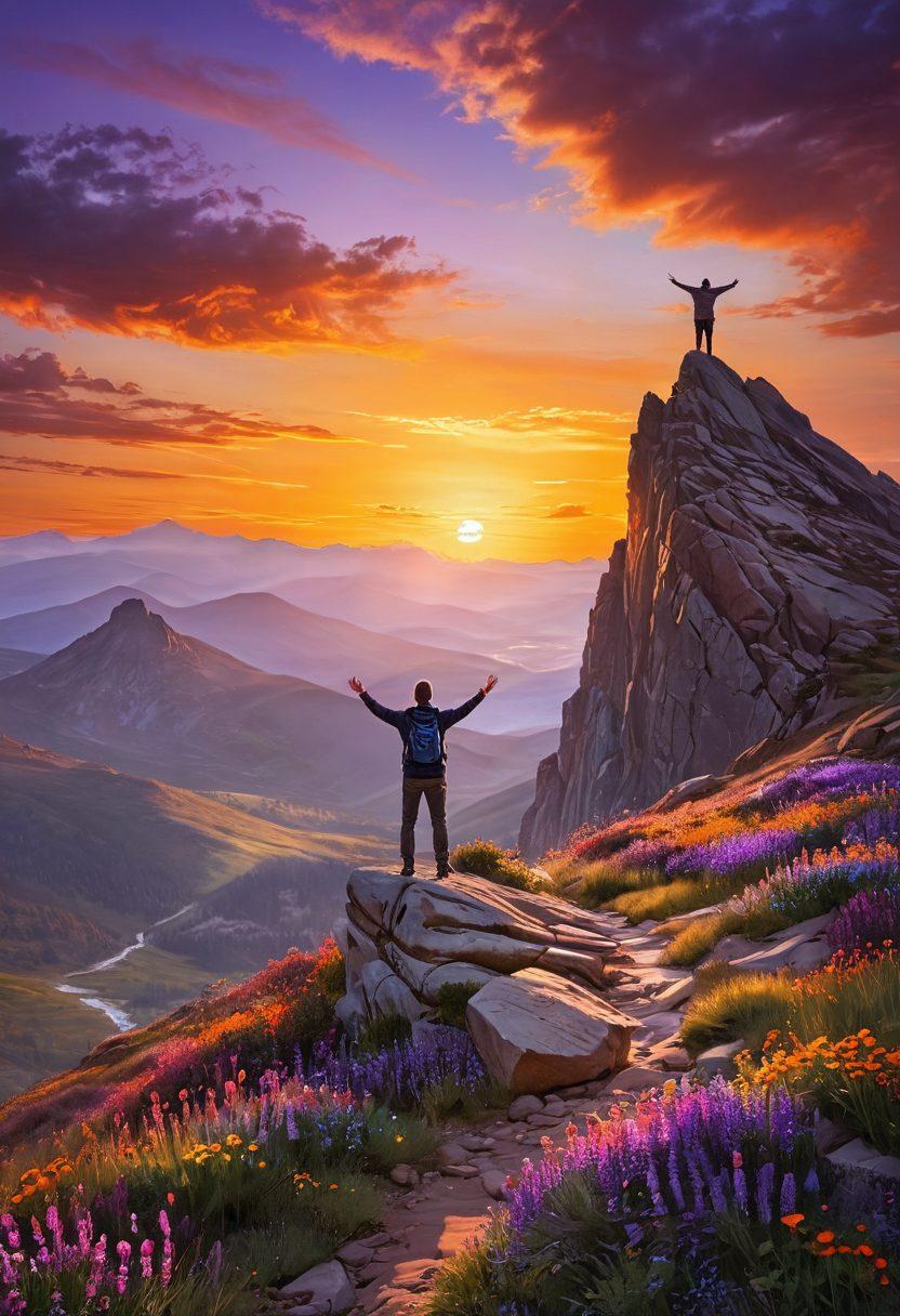 A rugged mountain landscape with a person standing triumphantly on a peak, arms stretched wide celebrating a sunset. The foreground displays blooming wildflowers amidst rocky terrain, symbolizing resilience. A faint path meanders through the scenery, highlighting the journey of finding joy. The sky is painted in warm hues of orange and purple, emanating a sense of hope and determination. super-realistic. vibrant colors.